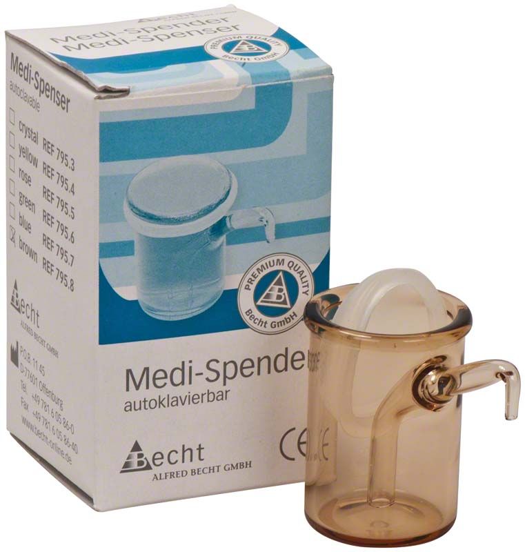 Braunes Medi-Spender-Gläschen neben Verpackung mit Produktinformationen.