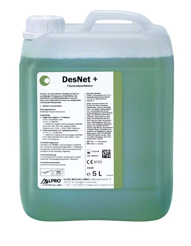 5-Liter-Kanister DesNet + Flächendesinfektion von Alpro Medical.