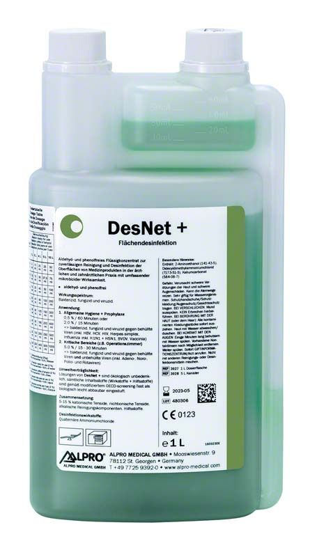 DesNet + 1 Liter Flächendesinfektion von Alpro Medical in grünem Behälter.