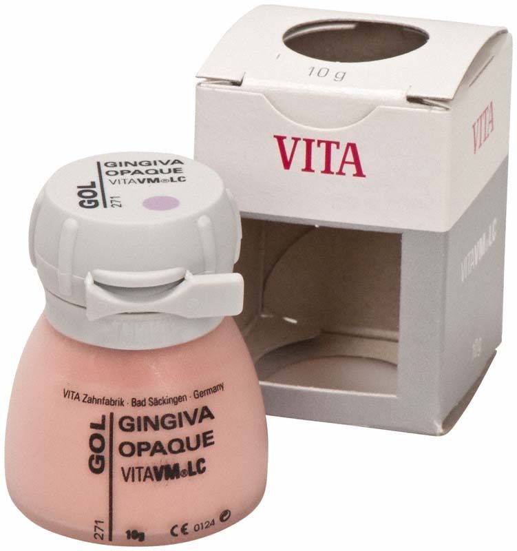 VITAVM®LC GINGIVA OPAQUE Tiegel und Verpackung in rosafarbener Ausführung.
