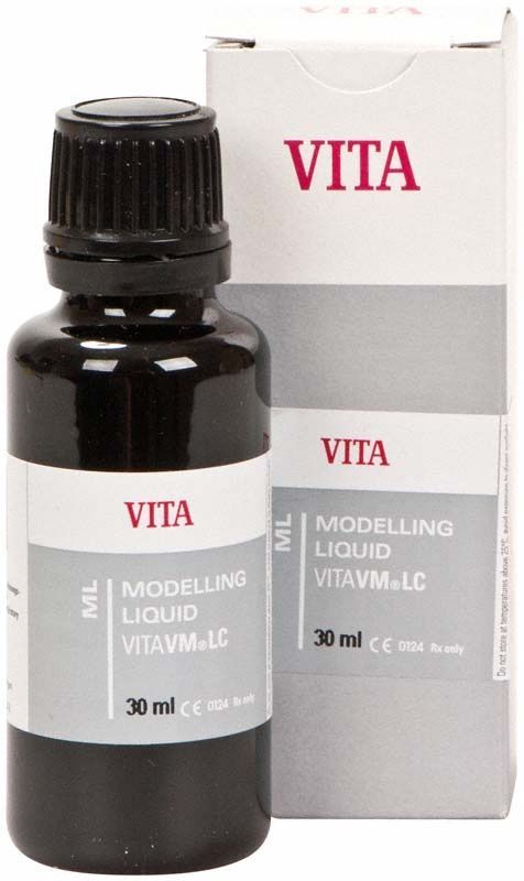 VITAVM®LC Modellierflüssigkeit 30ml Flasche mit Verpackung, dentalästhetische Anwendung.