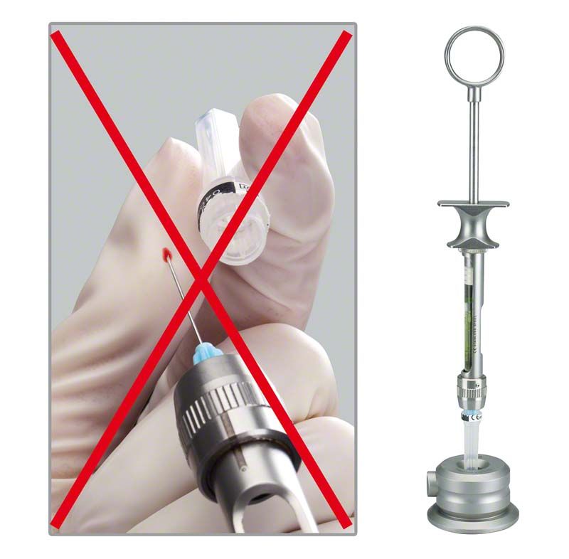 Miramatic Holder Plus Spritzenständer mit Nadelsicherung und Spritze in Nahaufnahme.