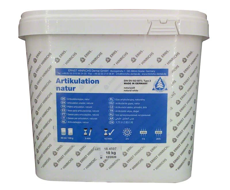 Artikulationsgips natur 10 kg in weißem Eimer mit blauem Etikett.