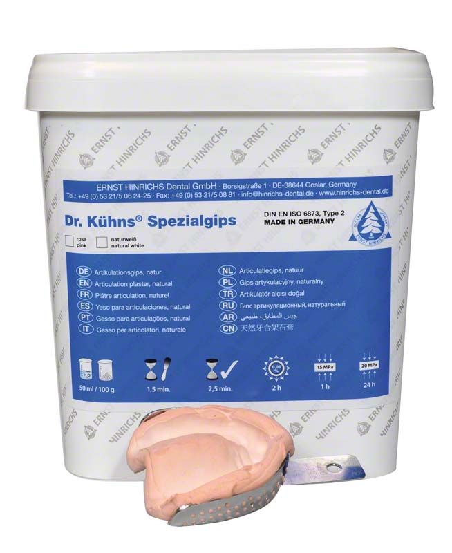 Dr. Kühns® Spezialgips rosa 10kg Eimer mit Zahnarztmodell.