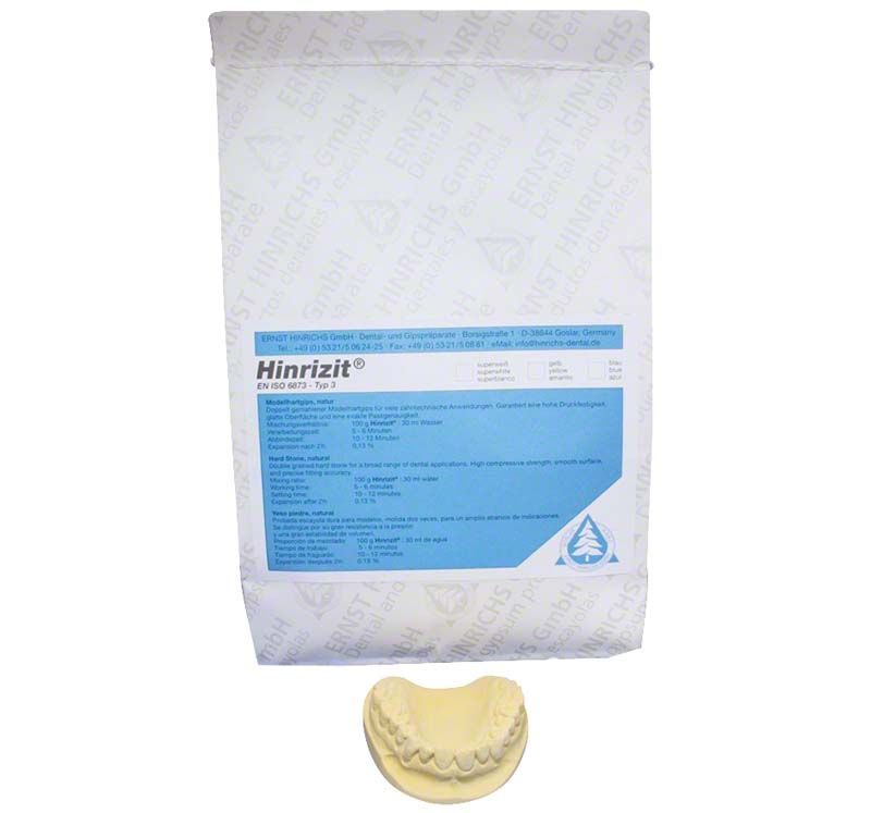 Hinrizit® blau 25kg Sack für zahntechnische Modelle mit Beispielmodell.