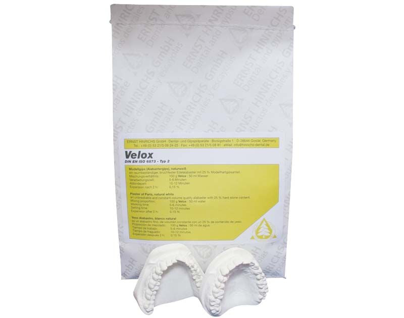 Velox Alabaster Modellgips-Verpackung mit Zahnbogendarstellung.
