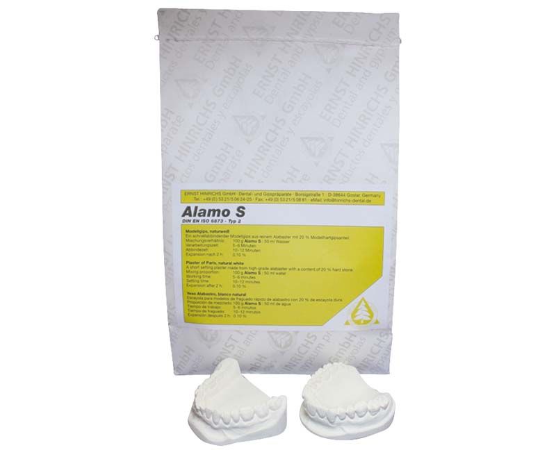 Alamo S Modellgips Verpackung mit zwei Zahnabdrücken aus Gips.