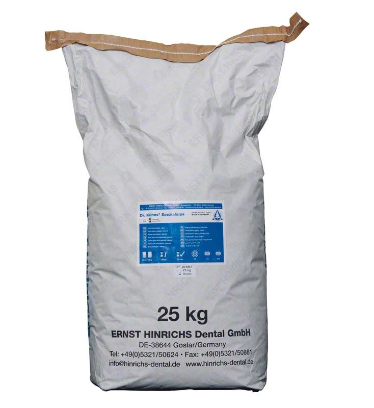 Dr. Kühn's® Spezialgips weiß, 25kg Beutel mit blauer Etikettierung.