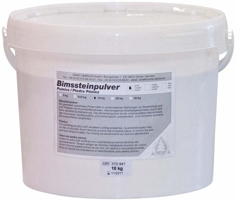 Bimssteinpulver grob 10kg Eimer mit Etikett der Ernst Hinrichs GmbH.