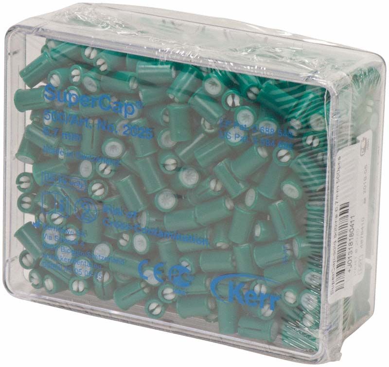 Transparente Verpackung mit 500 grünen SuperCap™ Spulen für Zahnmatrizensystem.