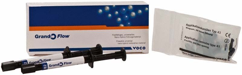 Grandio® Flow Spritzen B2 mit Verpackung und Applikationskanülen.