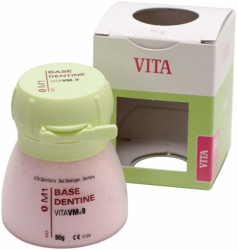 Base Dentin VM9 3D 50g 0M1 mit Verpackung im Hintergrund