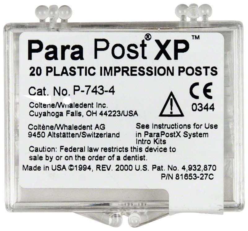 ParaPost® XP™ Abformstifte 20er Packung mit Produktinformationen auf weißem Hintergrund.