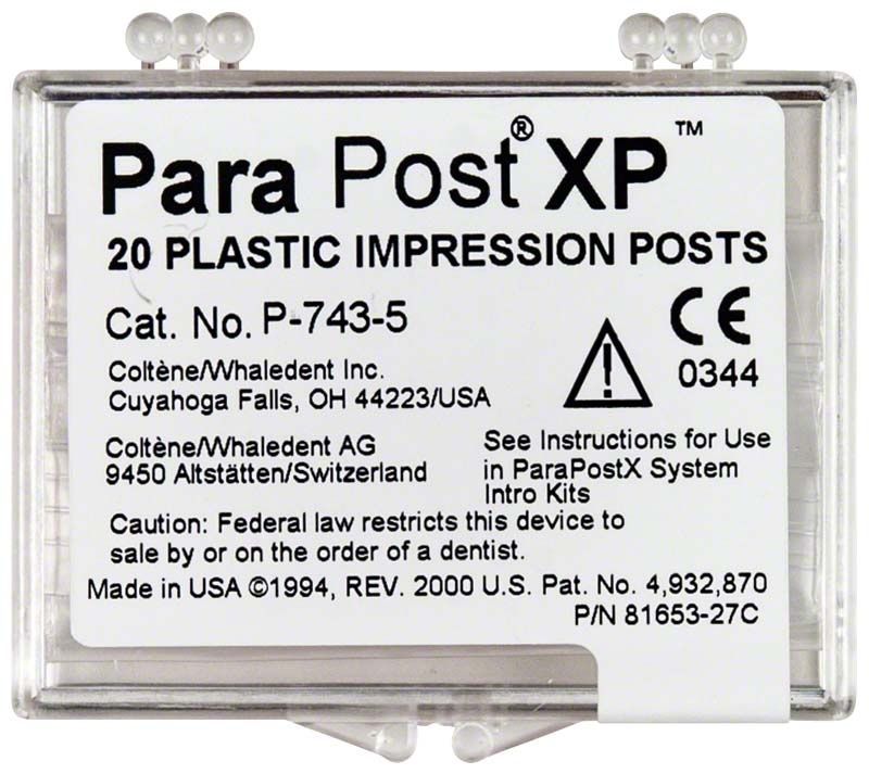 ParaPost® XP™ Abformstifte in Kunststoffbox mit Etikett und Anweisungen.