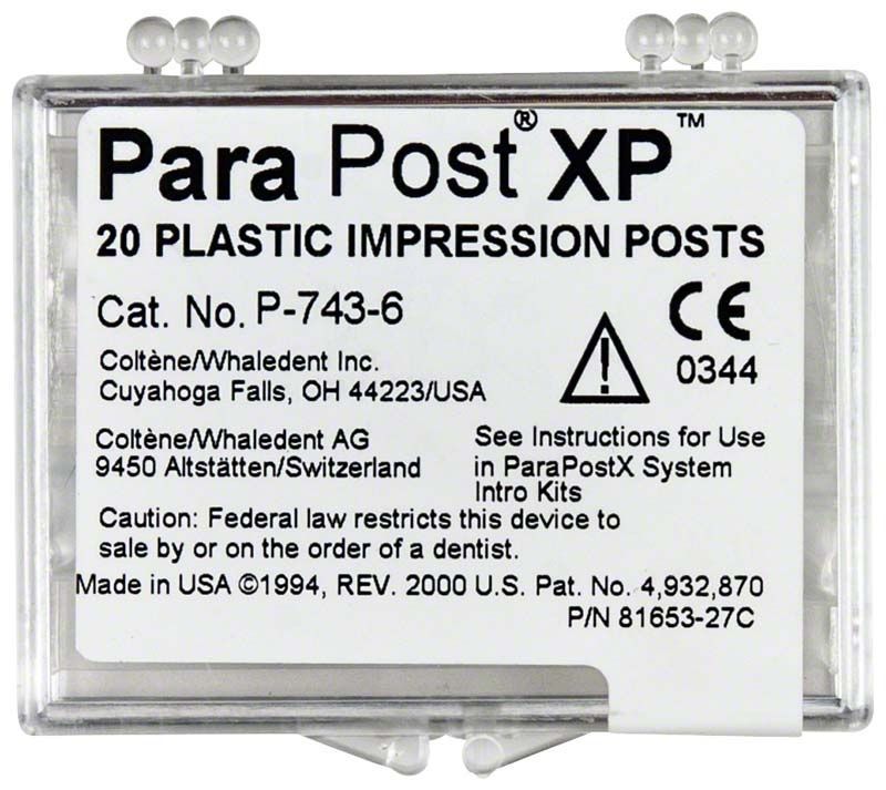 ParaPost® XP™ Abformstifte Verpackung mit Produktspezifikationen und Herstellerangaben.