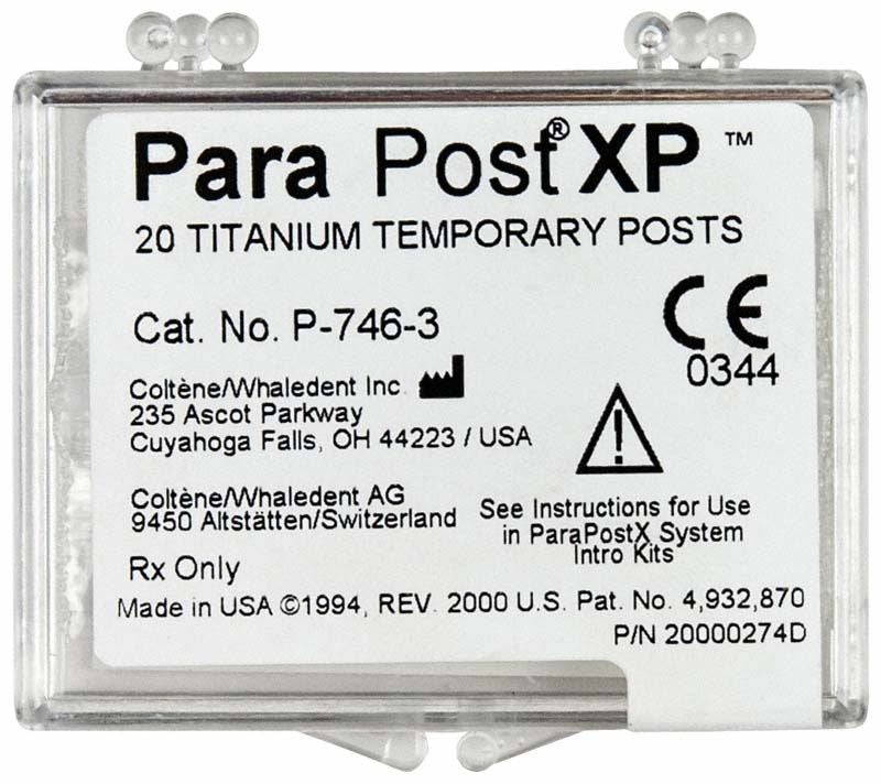 ParaPost® XP™ Temporärstifte Verpackung mit Produktinformationen und CE-Kennzeichnung.