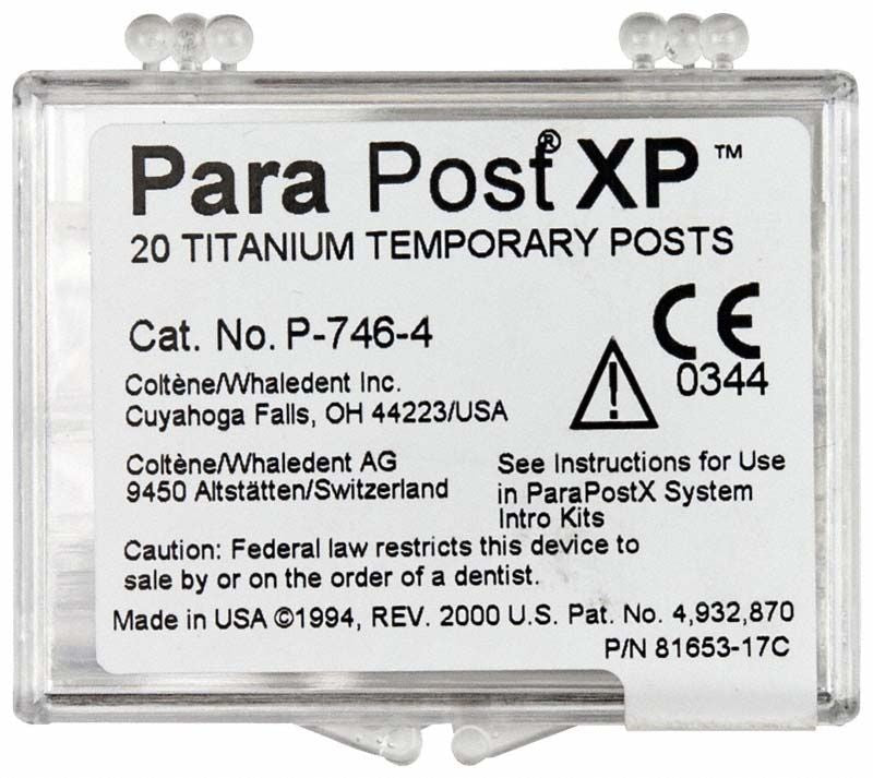 ParaPost® XP™ Temporärstifte, 20er Packung, Produktverpackung mit Informationen.