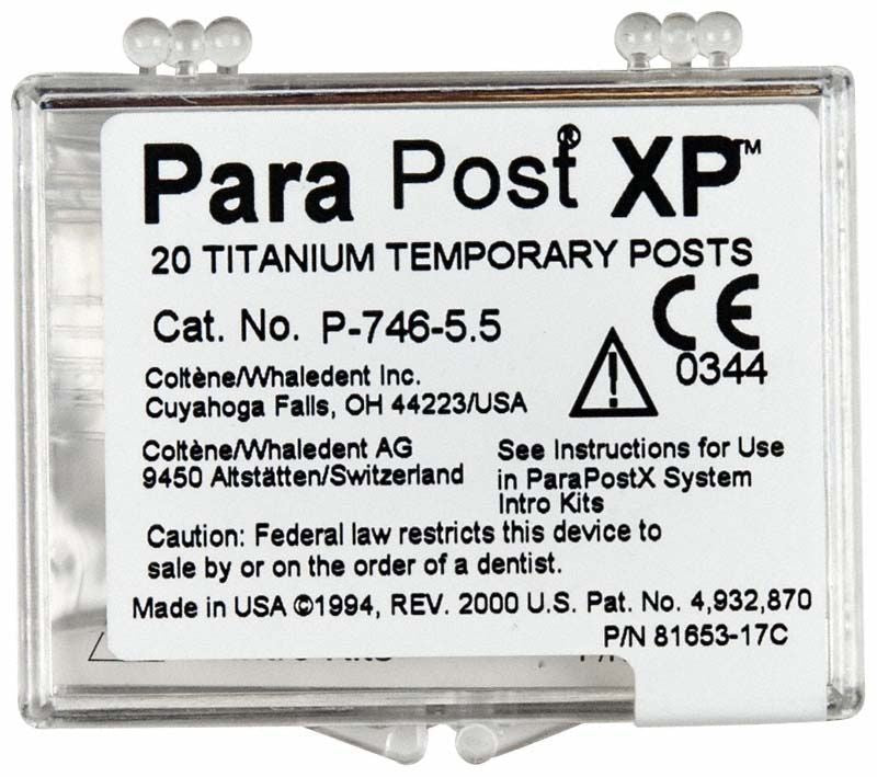 ParaPost® XP™ Temporärstifte 20er Packung mit Produkthinweisen und CE-Kennzeichnung.