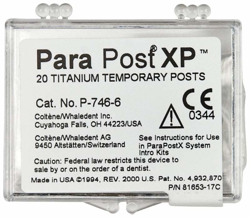 ParaPost® XP™ Temporärstifte 20er Gr. 6 Verpackung mit Produktinformationen.