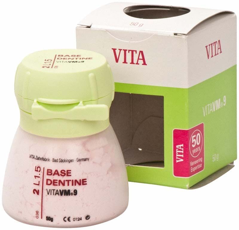 VM9 3D Base Dentin 50g 2L1.5 mit Verpackung und Beschriftung.