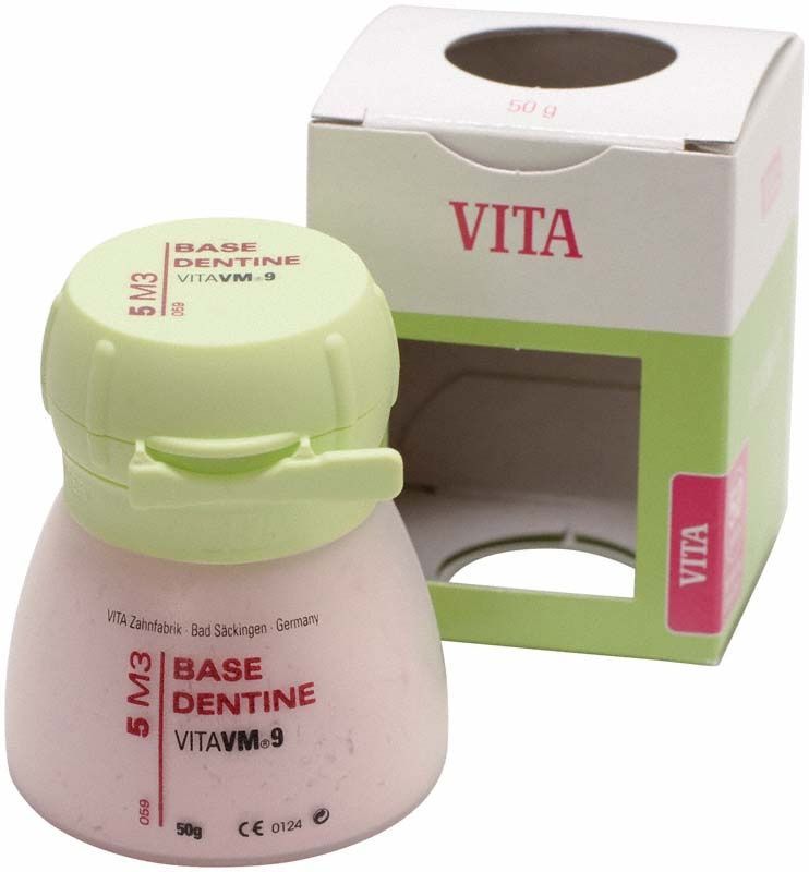VM9 3D Base Dentin 50g 5M3 Zahnpulver neben Verpackung.