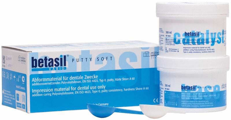Betasil Vario Dosen putty soft, Abformmaterial mit Verpackung und Dosierlöffel.