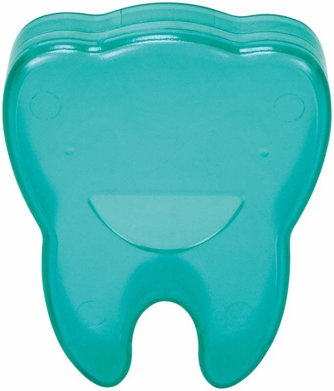 Mintgrüne Zahnbox in Form eines Zahns mit lächelndem Gesicht.