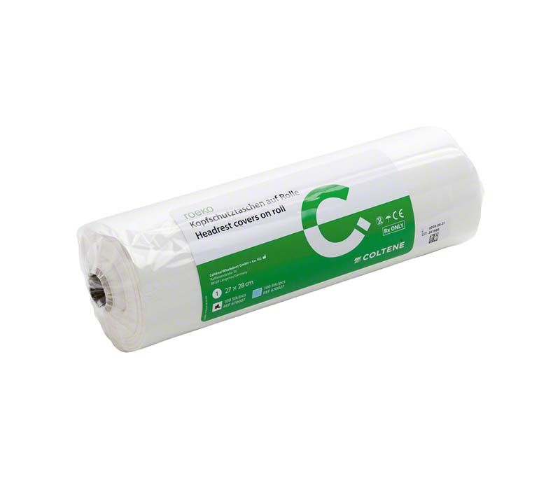 Rolle mit ROEKO Kopfschutztaschen in weißer Verpackung, 27 x 28 cm.