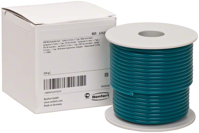 GEO Wachsdraht türkis hart 3,5mm auf Spule neben Verpackung.