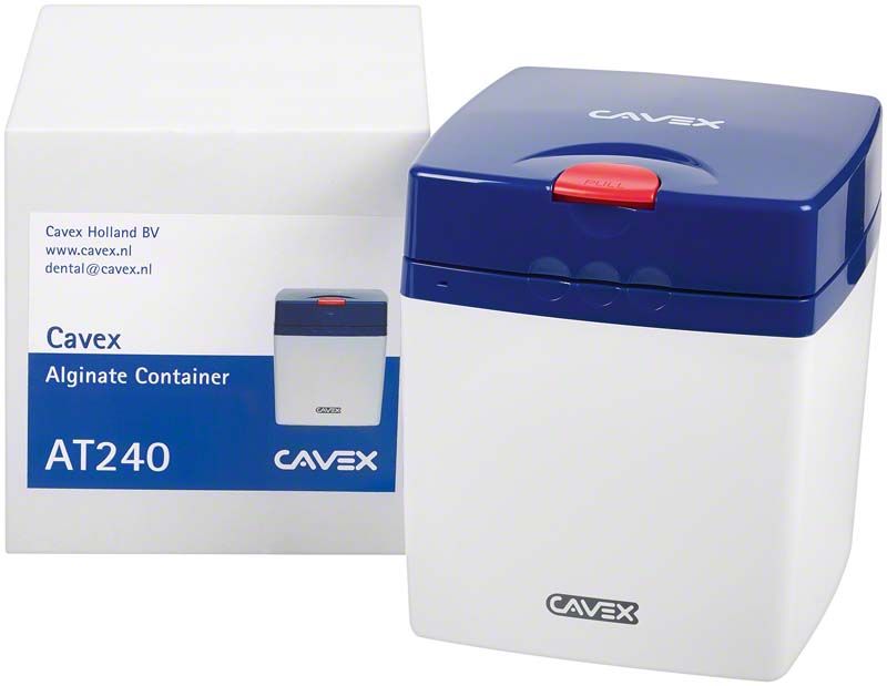 Blauer Cavex Alginat Container mit luftdichtem Deckel und Verpackung.