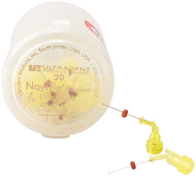 Gelbe Navi Tips™ Sideport 31ga 21mm in Plastikverpackung mit Applikatoransicht.