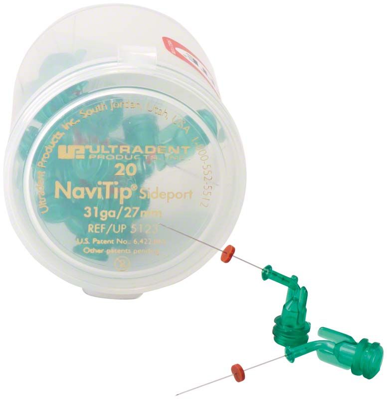 Navi Tips™ Sideport 31ga 27mm in grüner Kunststoffverpackung mit Applikatorspitze.