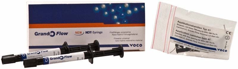 Grandio® Flow Spritzen C2 mit Verpackung und Applikationskanüle.