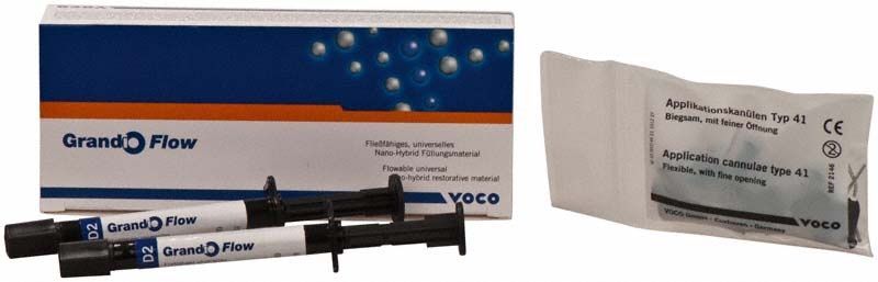 Grandio® Flow Spritzen D2 mit Applikationskanüle und Verpackung.