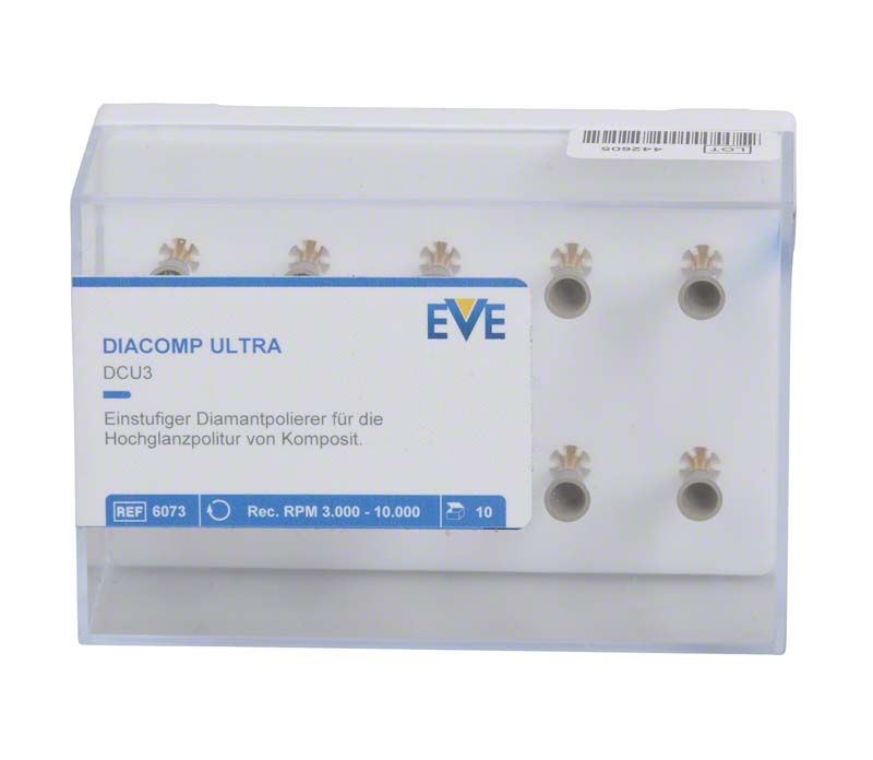 Einstufiger Diamantpolierer EVE DIACOMP® ultra Kelch in transparenter Verpackung.