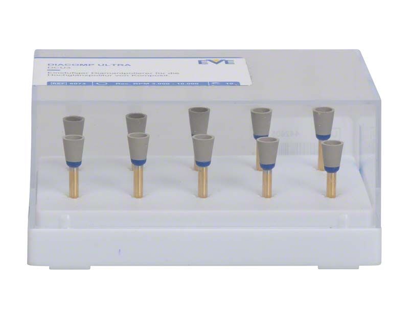 EVE DIACOMP® ultra Kelch - DCU3, zehn Dentalpolierer in weißer Halterung.