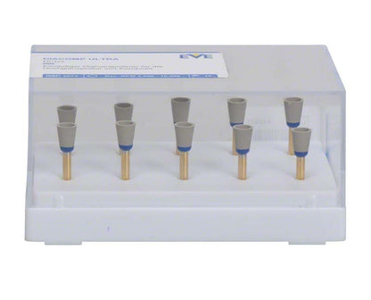 EVE DIACOMP® ultra Kelch - DCU3, zehn Dentalpolierer in weißer Halterung.