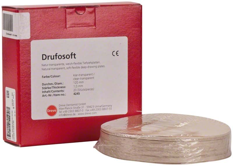 Rote Verpackung mit Drufosoft® 1,0mm Zahntechnikplatten.
