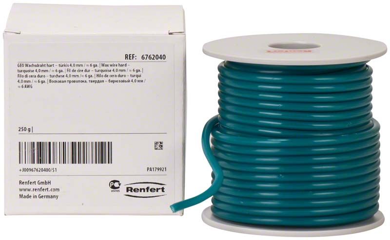 GEO Wachsdraht türkis hart 0,4mm auf Rolle und Verpackung.