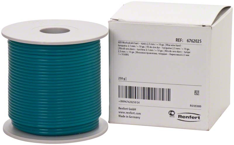 Türkiser Wachsdraht 2,5 mm auf Spule neben Verpackung.