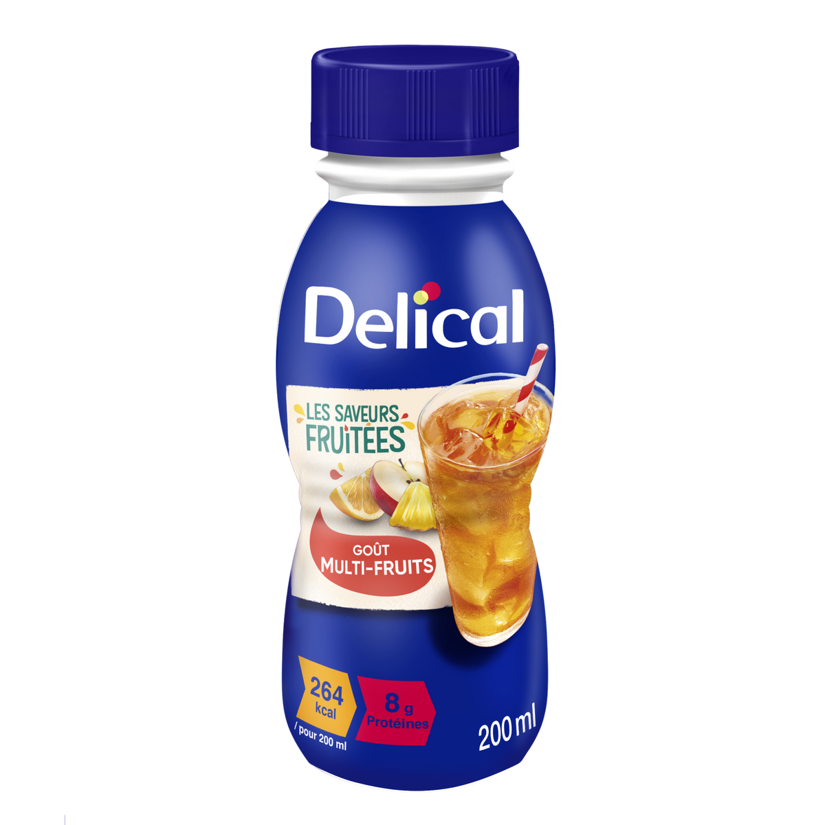 DELICAL SAFT Getränk Multi-Fruits, 200 ml Flasche, mit Fruchtabbildung.