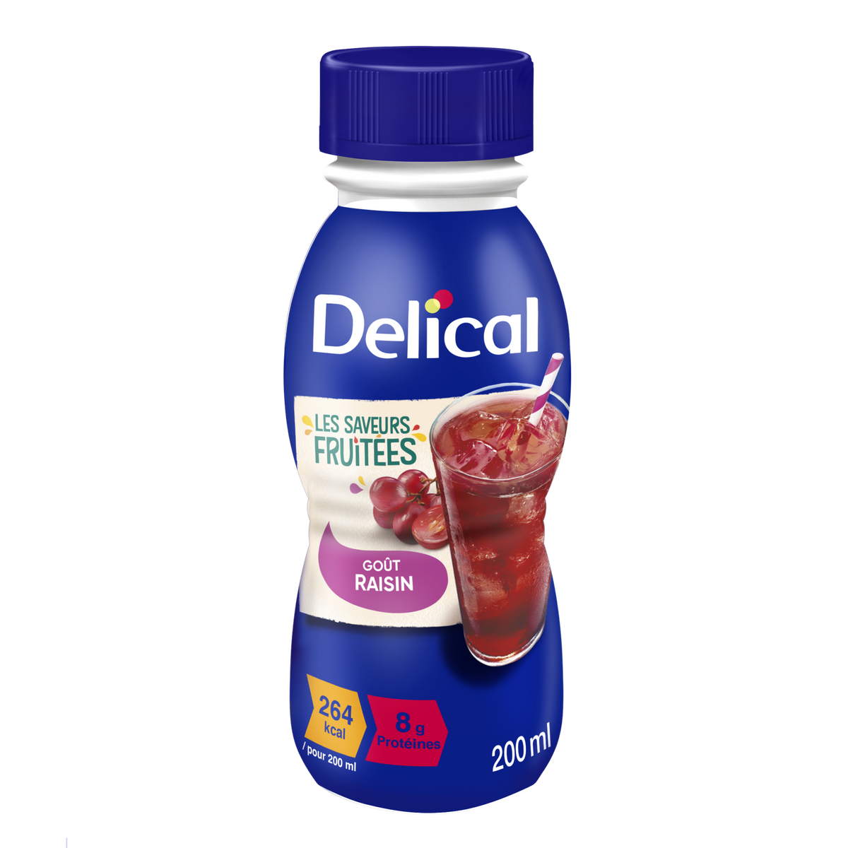 DELICAL SAFT Getränk Traube, 200 ml Flasche mit Saftabbildung und Nährwertangaben.