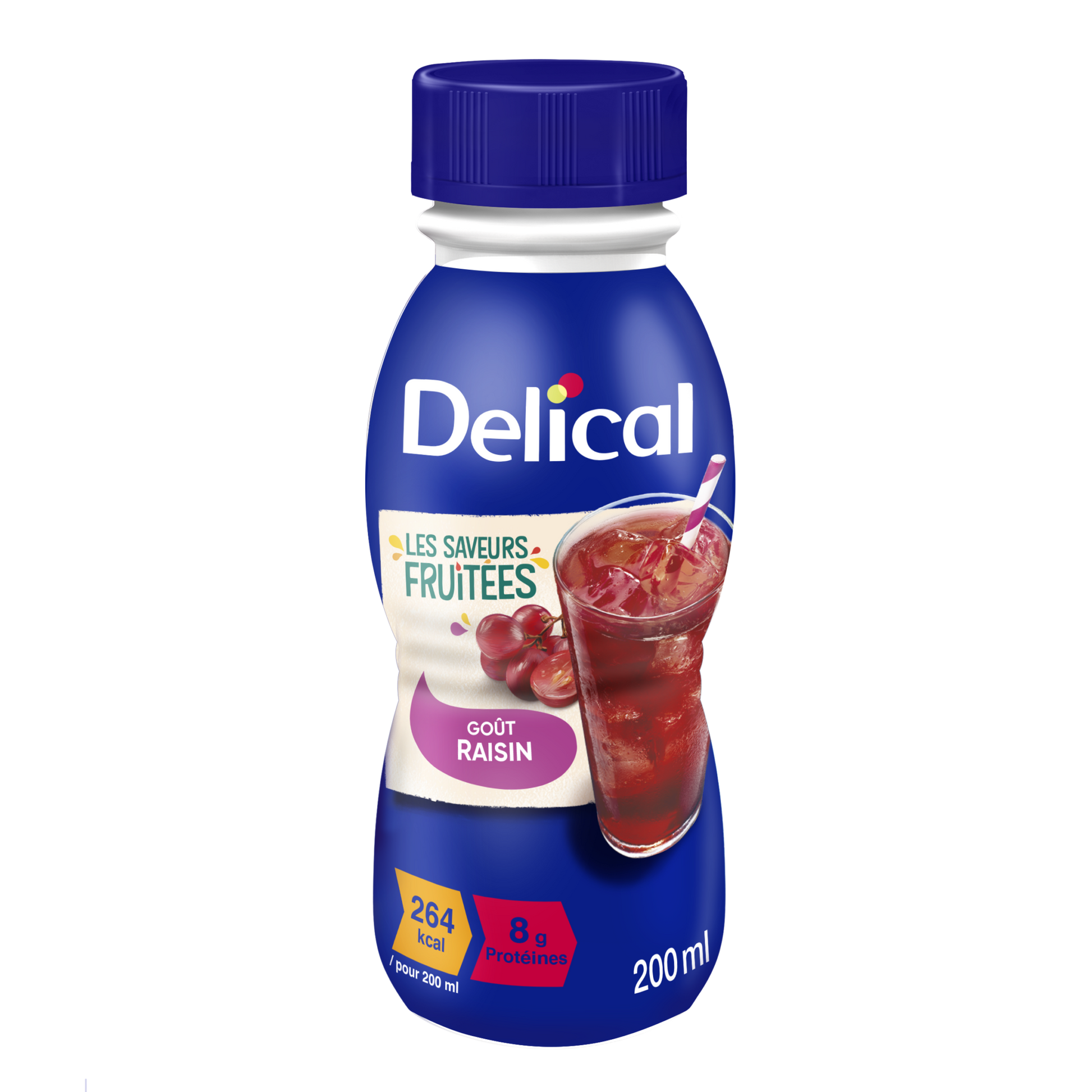 DELICAL SAFT Getränk Traube, 200 ml Flasche mit Saftabbildung und Nährwertangaben.