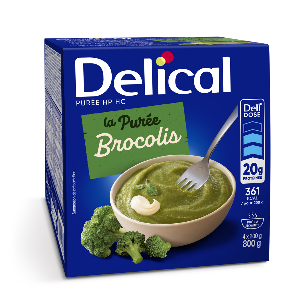 Delical Püree HP HC Brokkoli-Kreme Verpackung mit Schale Brokkolipüree und Brokkoliröschen.