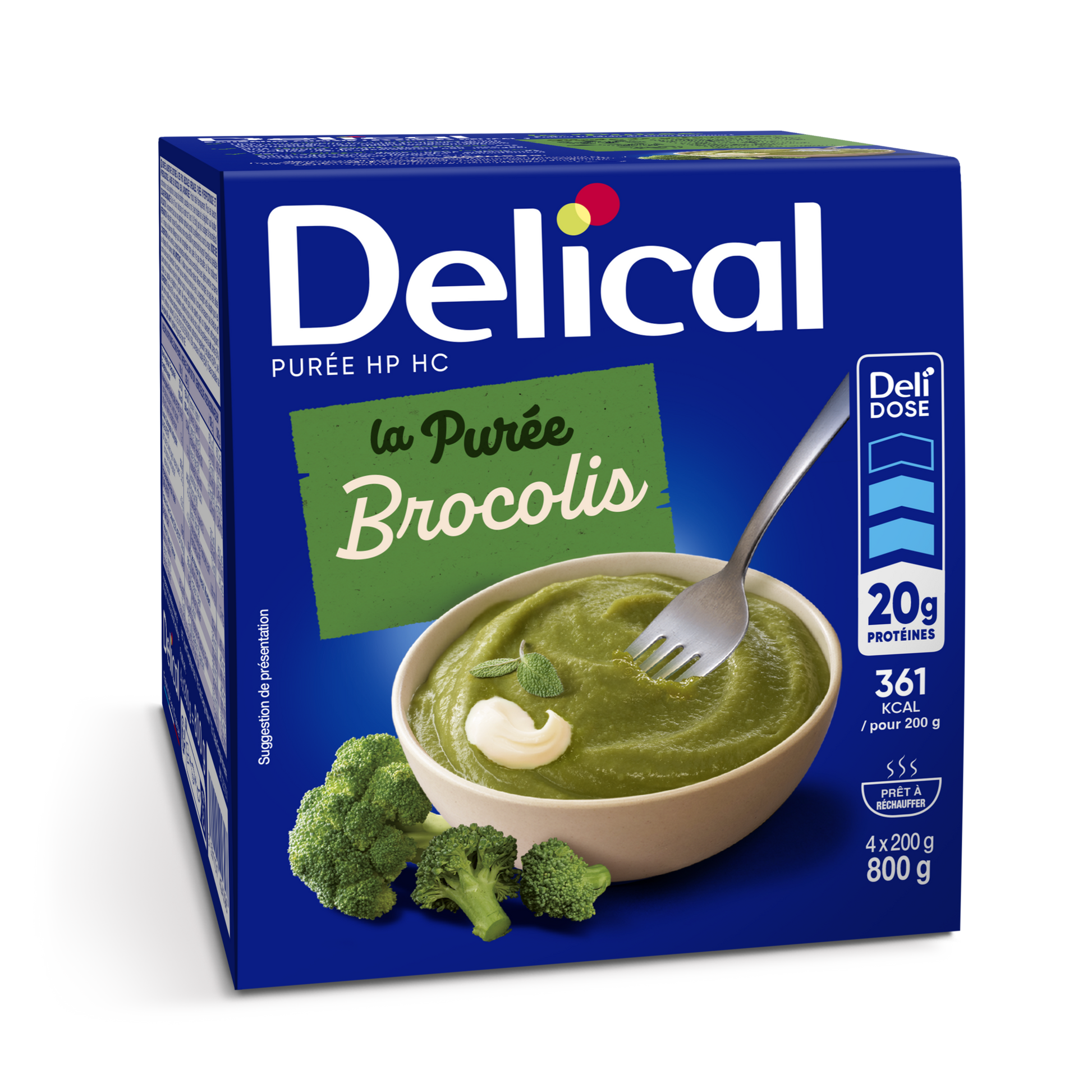 Delical Püree HP HC Brokkoli-Kreme Verpackung mit Schale Brokkolipüree und Brokkoliröschen.