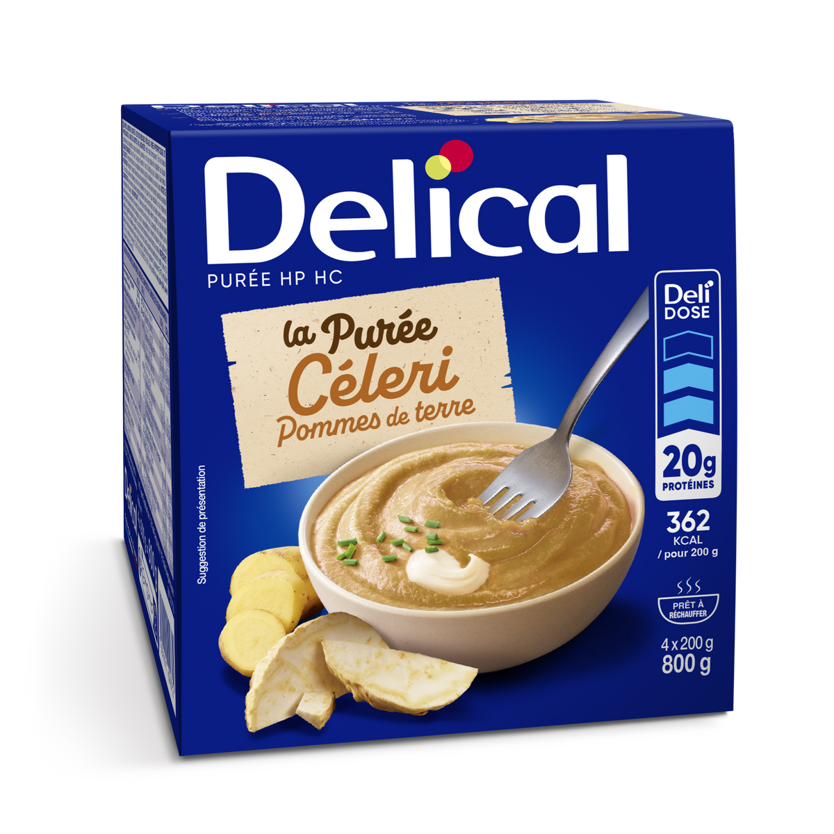 Delical Püree HP HC Sellerie-Kreme Verpackung mit Kartoffelscheiben und Püree-Schale.