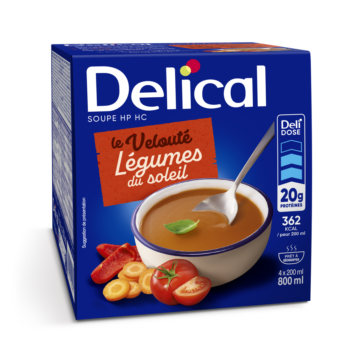 Verpackung der Delical Sonnengemüse-Suppe mit Löffel und Gemüsedarstellung.