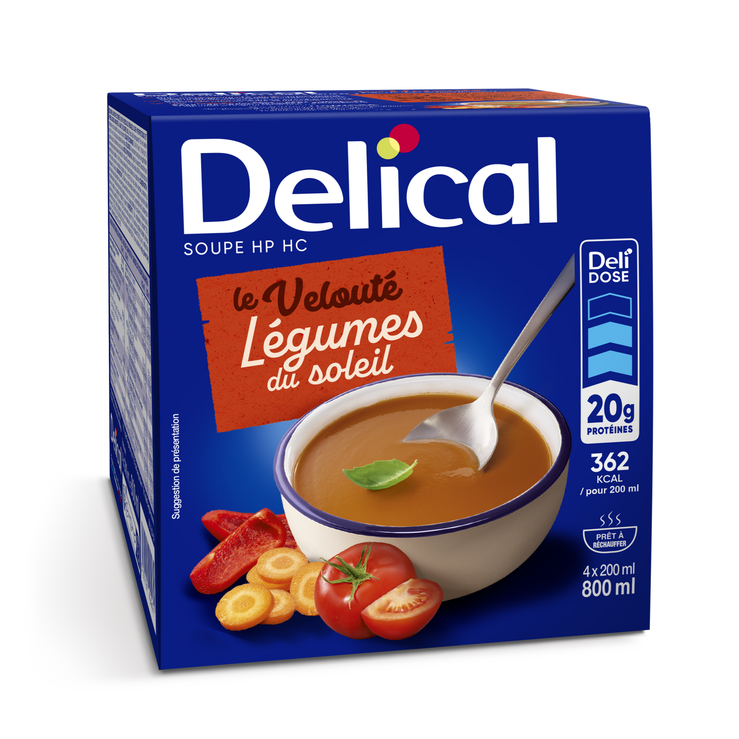 Verpackung der Delical Sonnengemüse-Suppe mit Löffel und Gemüsedarstellung.