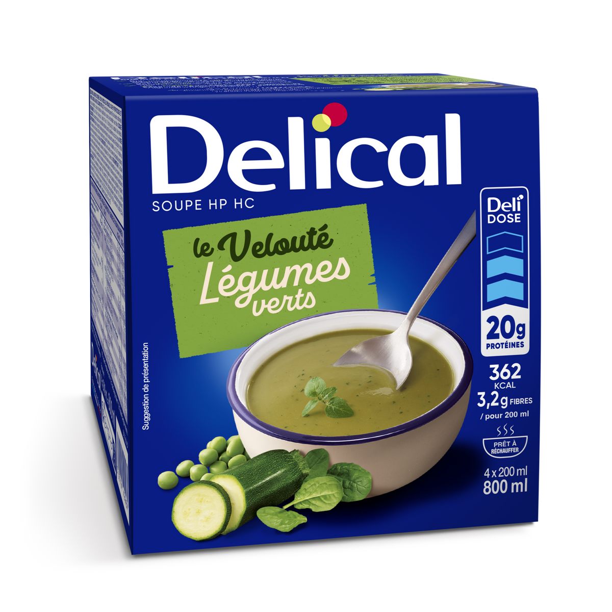 Delical Grüne-Gemüse-Suppe in blauer Verpackung mit Schüssel und Gemüseabbildungen.