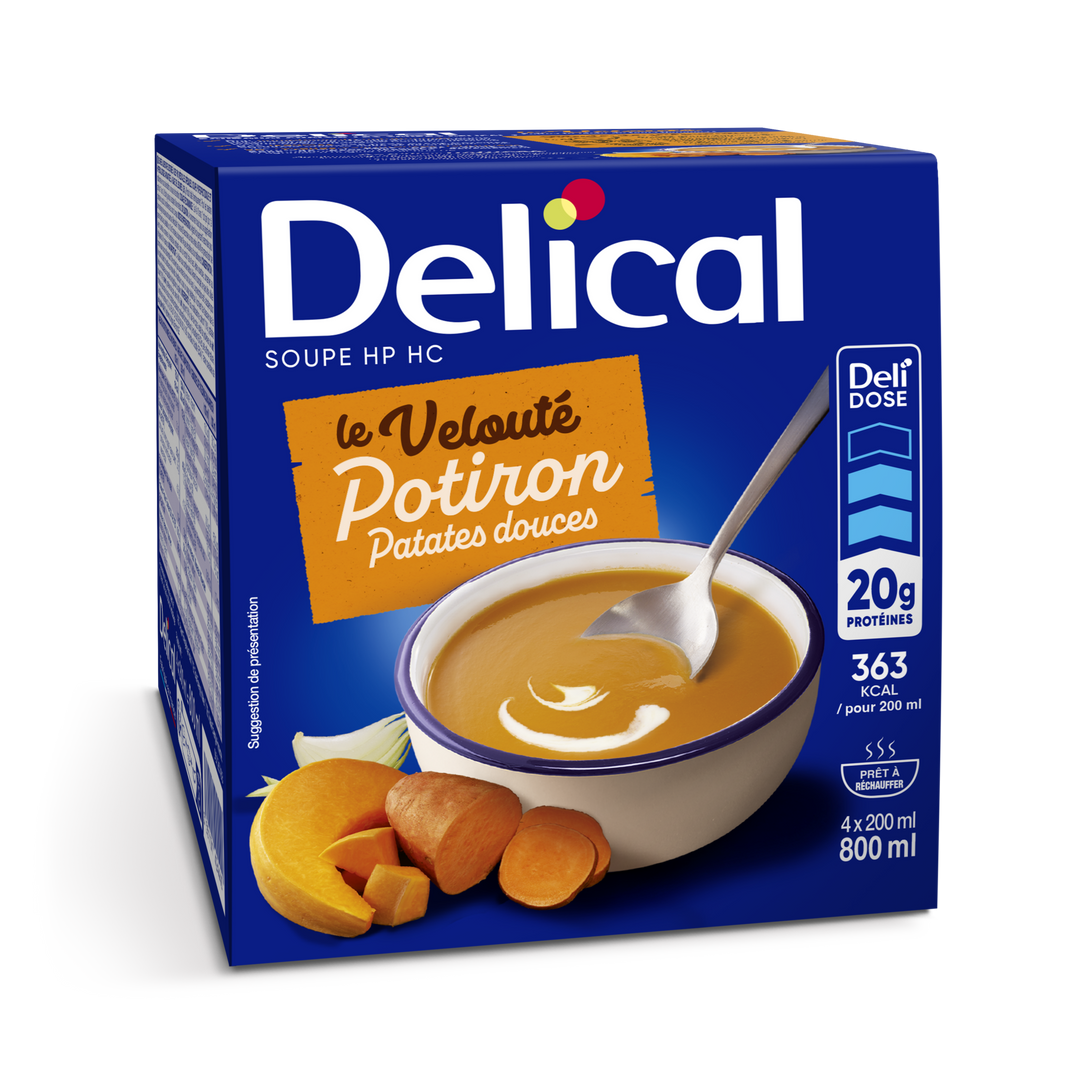 Delical Kürbis-Kreme Suppe in blauer Verpackung mit Löffel und Kürbisabbildung.